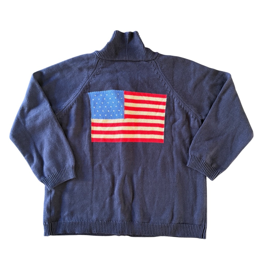 NWT USA Flag Cardigan Sweater Women Medium Navy Blue America Shawl Collar